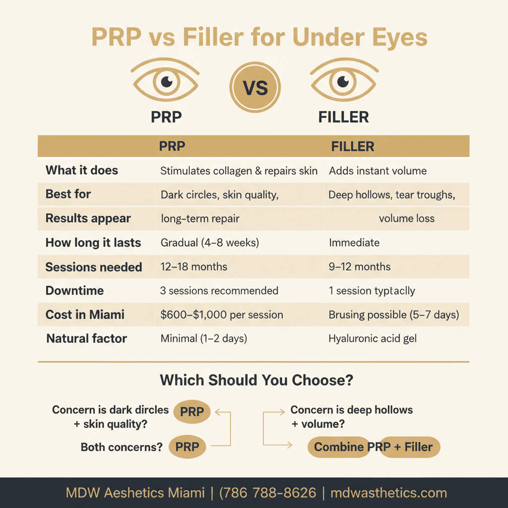 PRP vs Filler for Under Eye Hollows in Miami — Infographic by MDW Aesthetics Miami